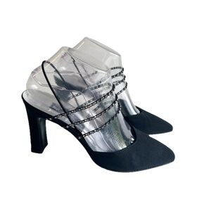 Stuart Weitzman Black Satin Rubber Straps Glitter Stone Close Toe Heels size 7.5